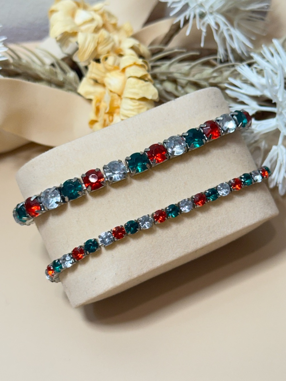Vintage Christmas Red Green Clear Rhinestone Tennis Bracelets Set of 2